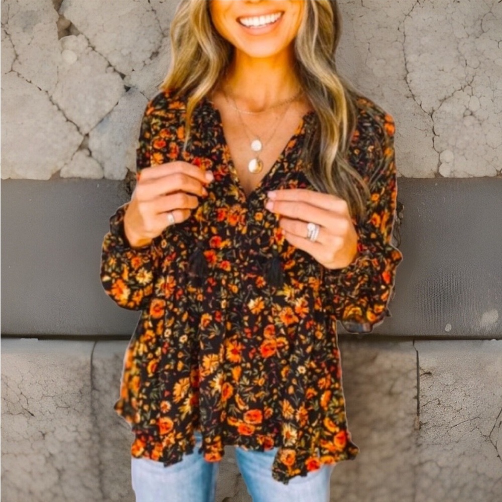Beautiful Deep V Neck Floral Flounce Design Formal Cow Girl Style Black Shirt